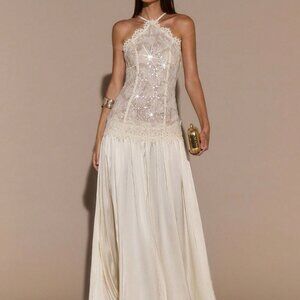 Apricot Elegant Women's Lace Backless Formal Gown